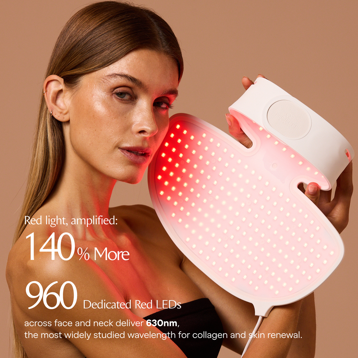 Frau mit leuchtenden LumaLux Face+ V2 Gesichts- und Halspanels neben einer Grafik zu roten LEDs