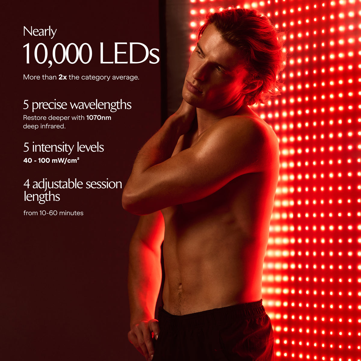 Restora+ Infografik zu technischen Daten neben einem Mann vor einer leuchtenden roten LED-Matte