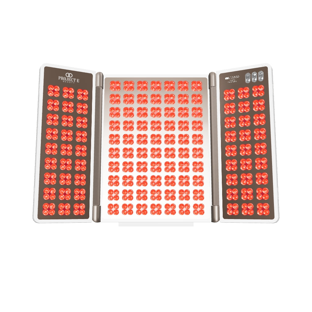 3D model of the Alora LED panel with three hinged sections and an illuminated red LED array